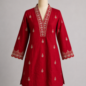 Pink Cotton Short Kurti with Embroidered V-Neck