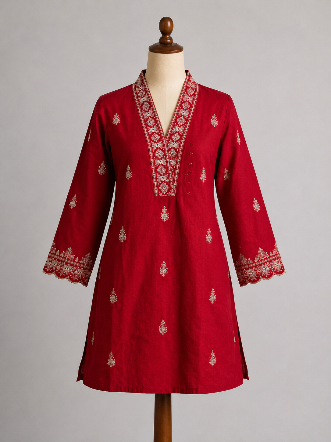 Pink Cotton Short Kurti with Embroidered V-Neck