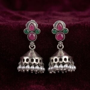 Antique Silver Dual-Tone Multi-color Jhumka