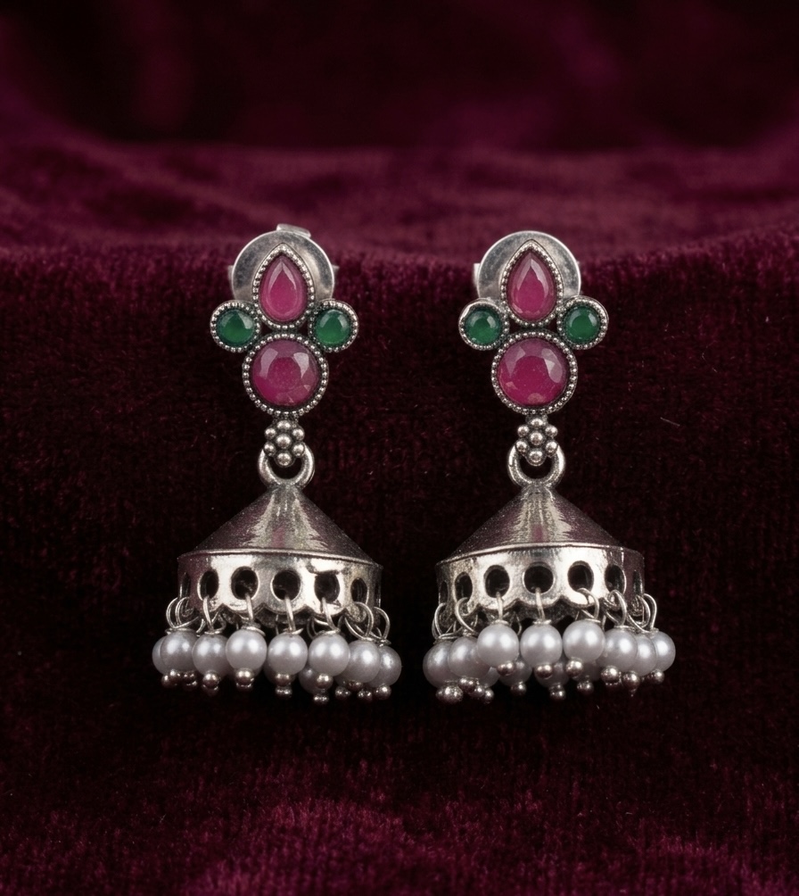Antique Silver Dual-Tone Multi-color Jhumka