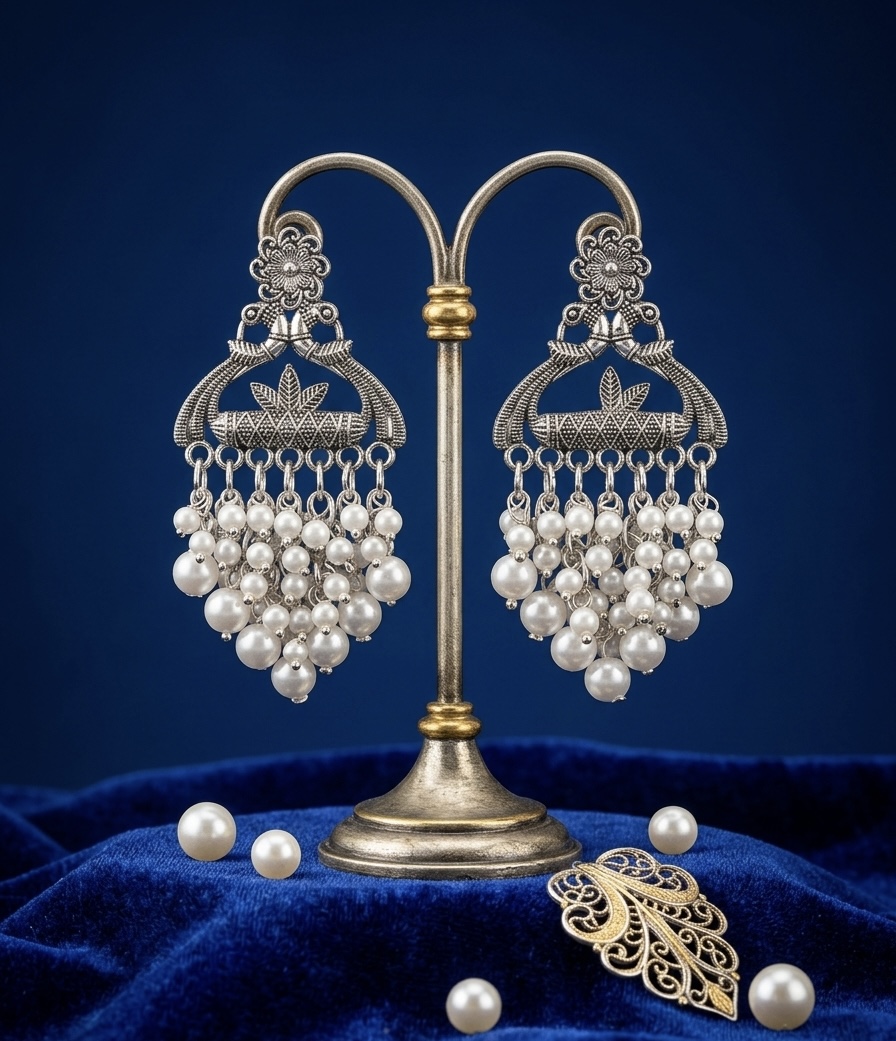 Antique Silver Pearl Bunch Chandbalis