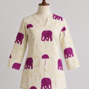 Elephant & Umbrella Print Short Kurti V-notch Neck