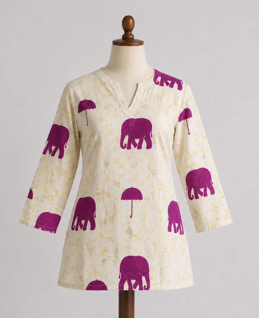 Elephant & Umbrella Print Short Kurti V-notch Neck