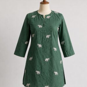 Embroidered Elephant Motif Bottle Green Short Kurti