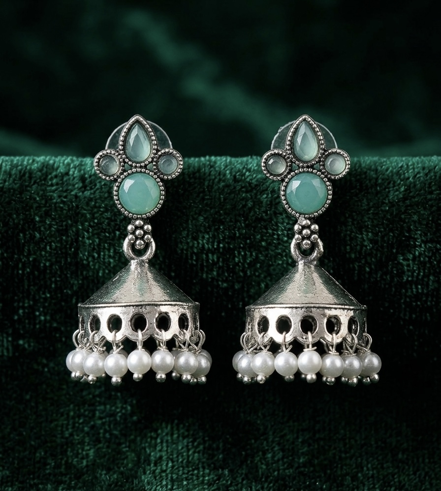 Antique Silver Dual-Tone Multi-color Jhumka - Image 2