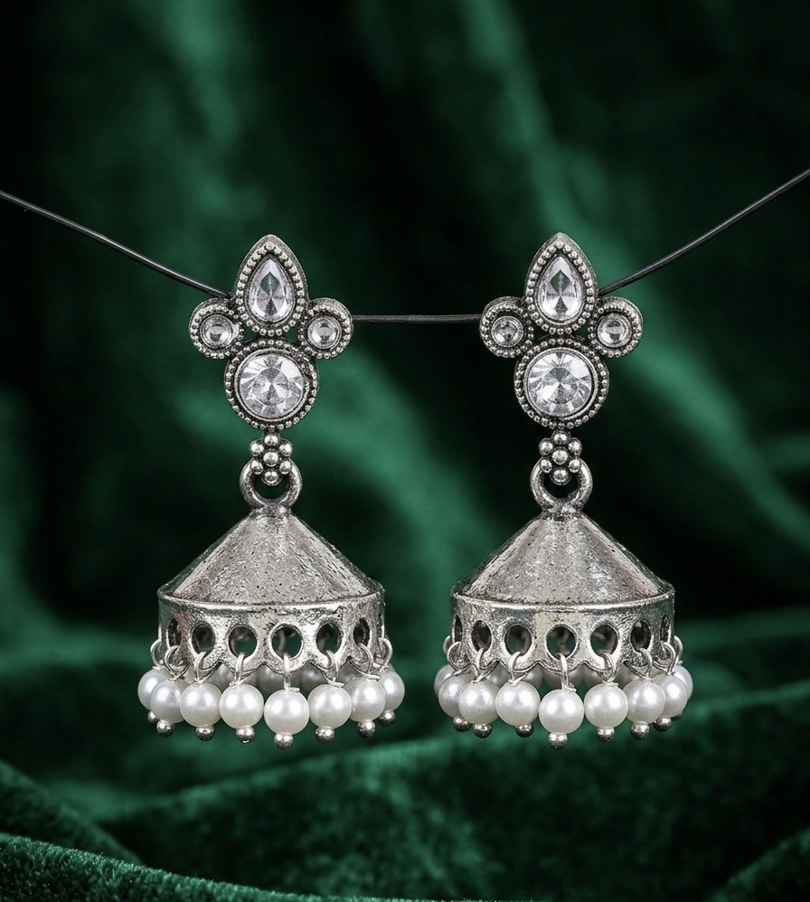 Antique Silver Dual-Tone Multi-color Jhumka - Image 3
