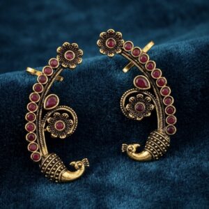 Antique Gold Red Kemp Stone Peacock Ear Cuffs