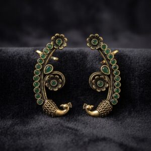 Antique Gold Green Kemp Stone Peacock Ear Cuffs