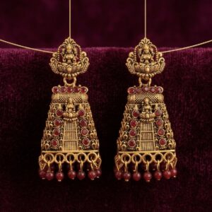 Antique Gold Lakshmi Square Temple Jhumka with Kemp Stones