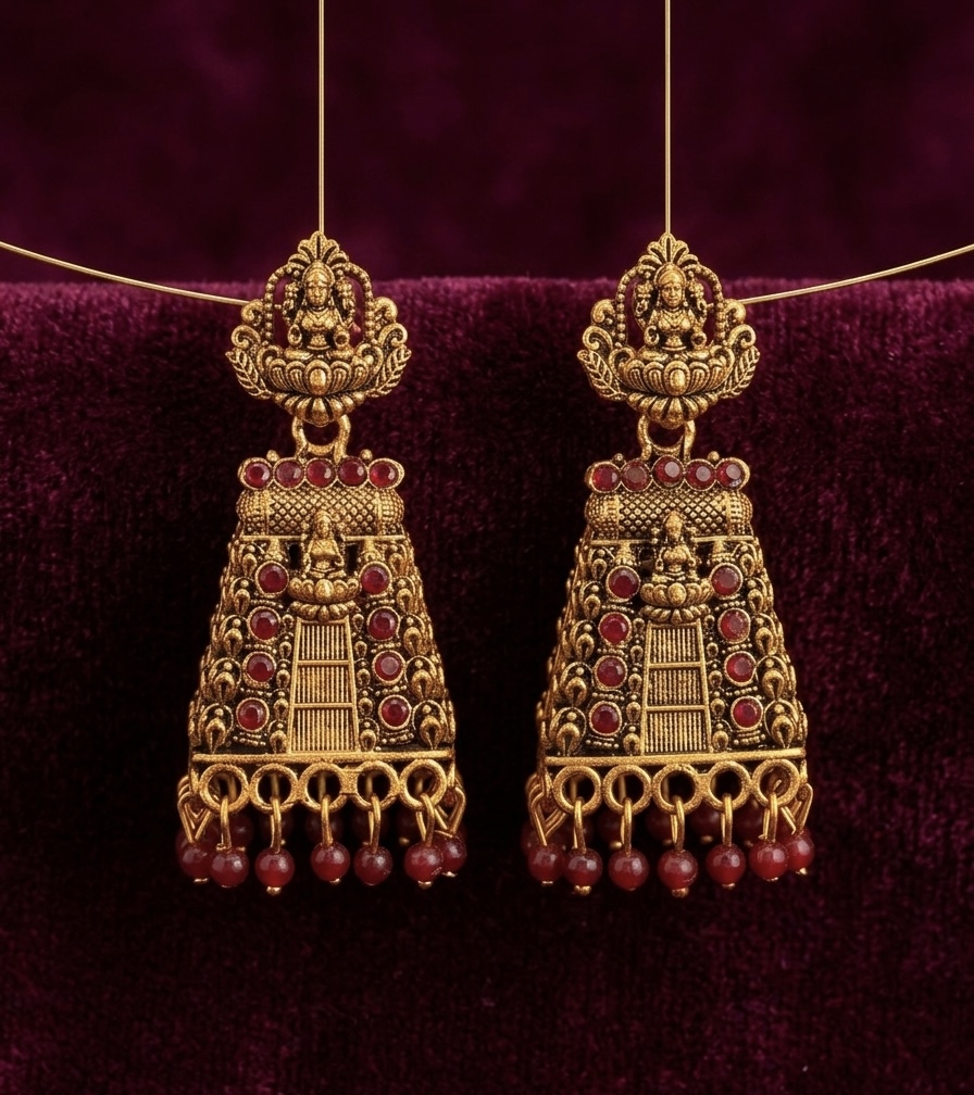 Antique Gold Lakshmi Square Temple Jhumka with Kemp Stones