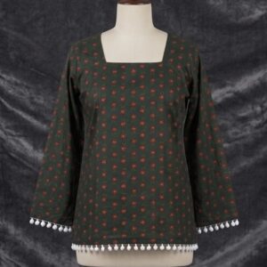 Gulposh – Olive Buti Print Square Neck Pom-Pom Kurti Top