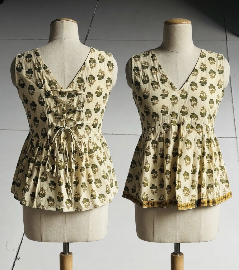 Heer – Green Buti Print Back Tie-Up Peplum Top