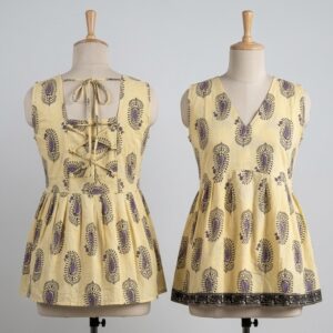 Ambiya – Yellow Paisley Block Print Tie-Back Peplum Top