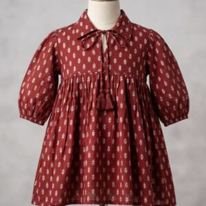 Narangi – Dark Orange Buti Print Collared Tassel-Tie Frock