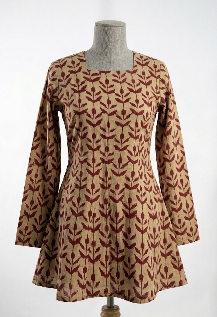 Lala – Beige Ikat Tulip Print Square Neck A-Line Kurti