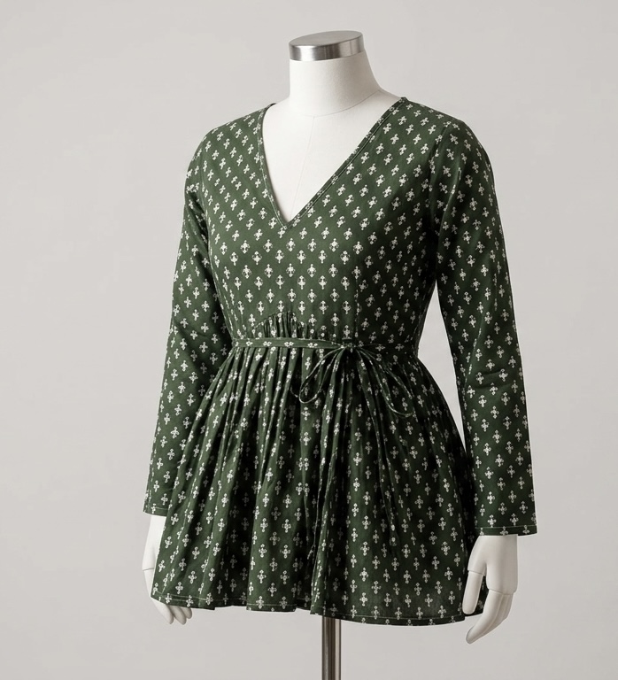 Vana – Forest Green Buti Print V-Neck Tie-Waist Top