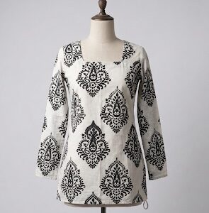 Kaali Ambi – Black & White Damask Print Square Neck Kurti