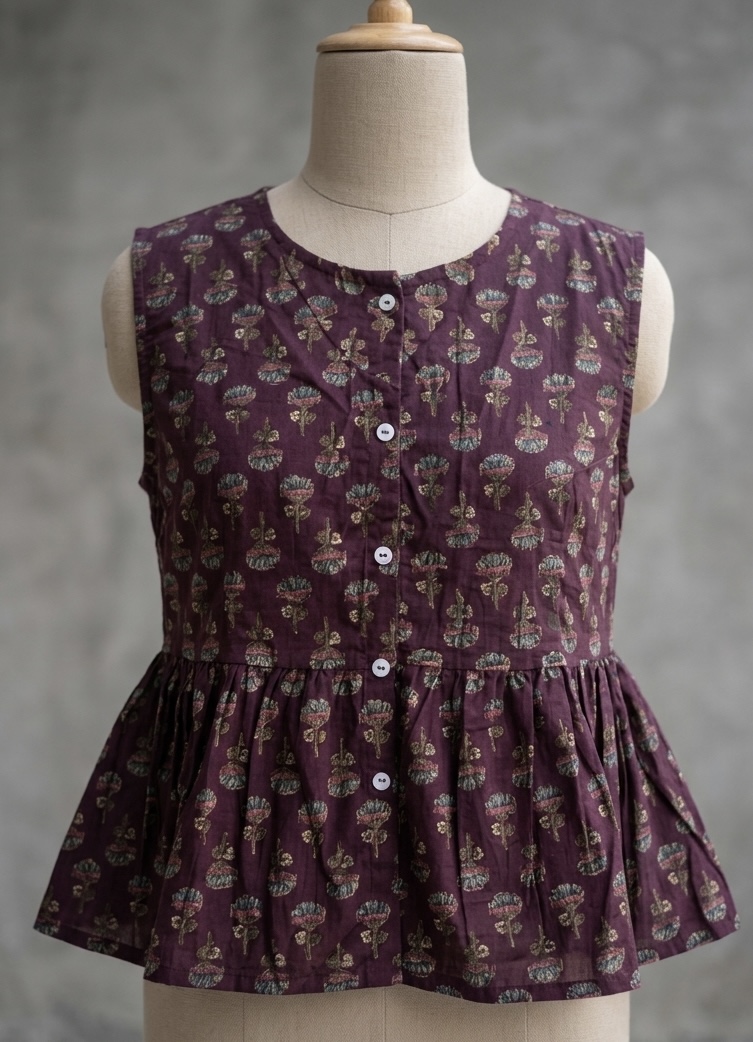 Jamuni – Plum Mughal Buti Button-Down Peplum Top