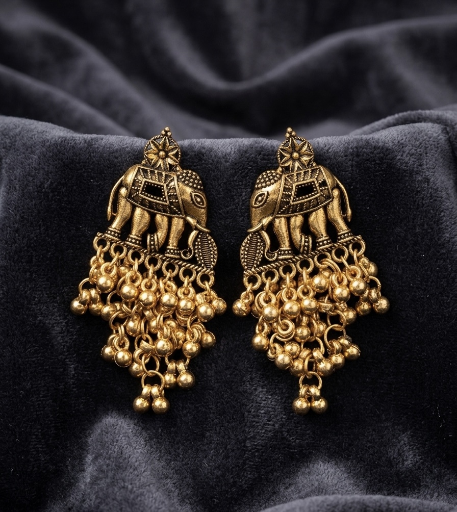 Matt Gold Elephant Motif Chandelier Jhumka