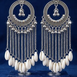 Oxidized Silver Cowrie Shell Tassel Earrings