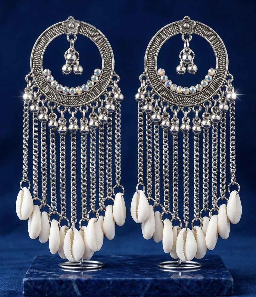 Oxidized Silver Cowrie Shell Tassel Earrings
