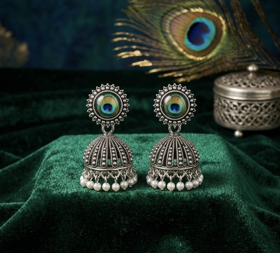 Vibrant Peacock Feather Studded Jhumkis